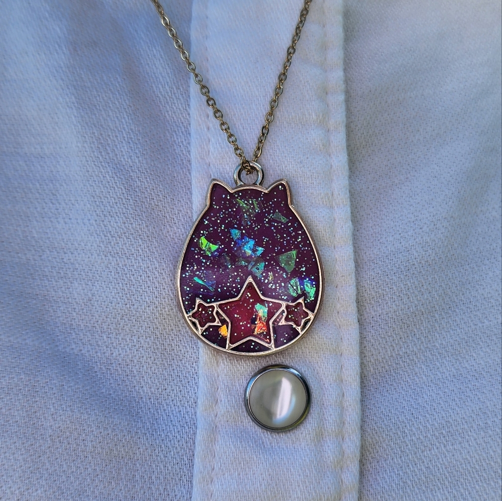 Holographic Purple Resin Cat Pendant w/ Stars - Gold Bezel & Chain (New)